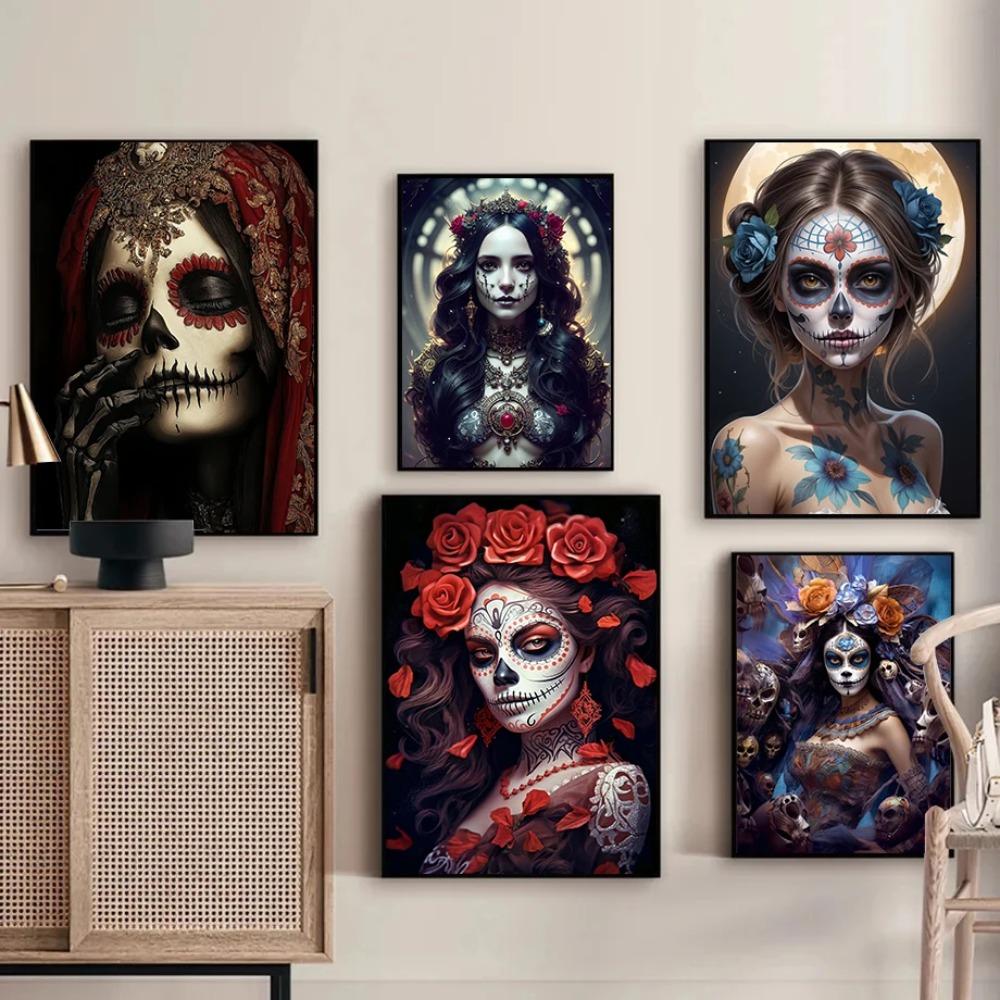 Terrifying Los Muertos Sugarskull Girl with Flowers Posters Day of the Dead Prints Canvas Printing Wall Pictures Home Room Decor