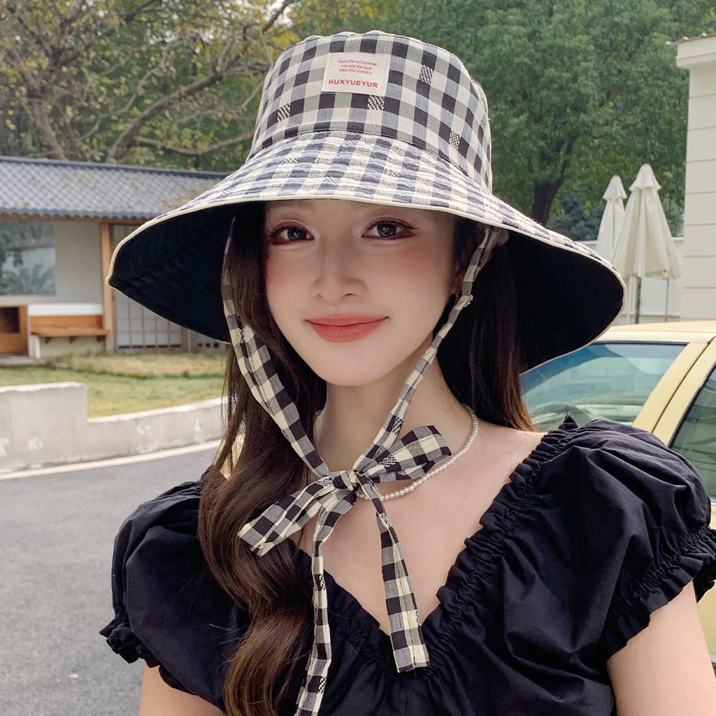 New Plaid Wide-brimmed Lace-up Bucket Hat Women's Summer Big Brim Showing Face Small Sun Hat Sun Protection