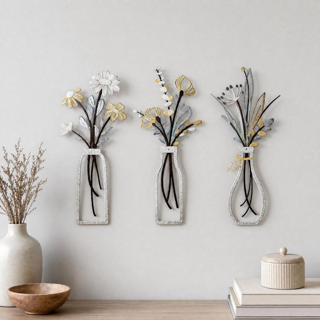 Botanical Metal Wall Decorations Layered Art with Vase Shaped