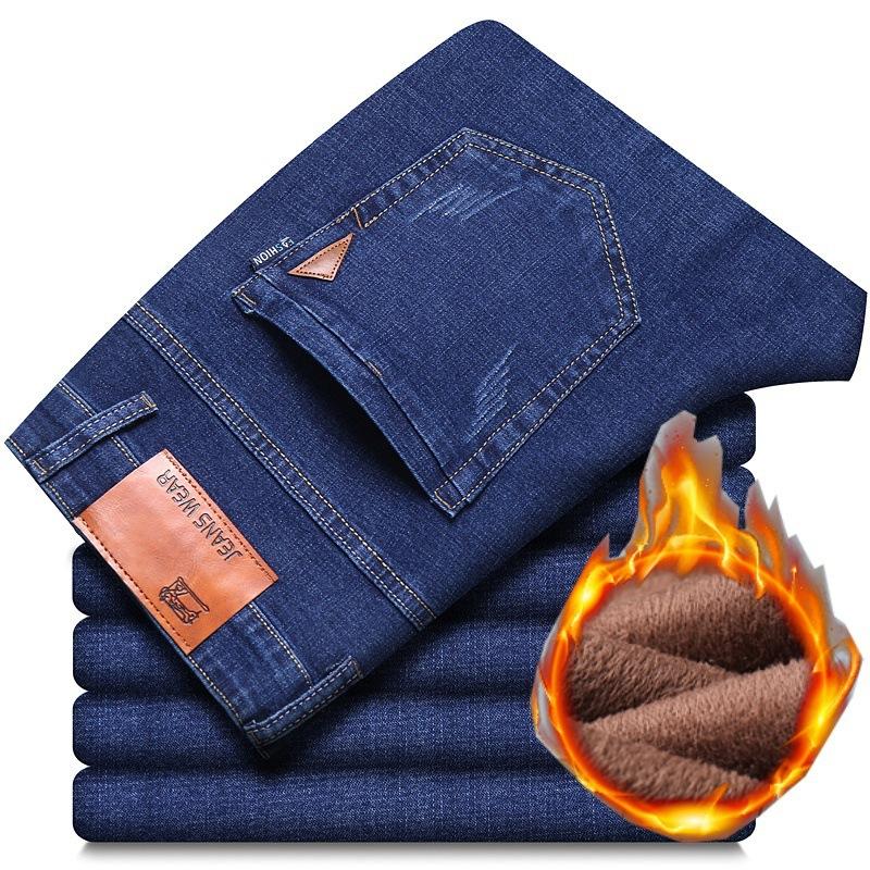 Fashion Padded Thickened Jeans Men's Autumn and Winter Models Loose Straight with Flannel Warm Men's Winter Trousers
