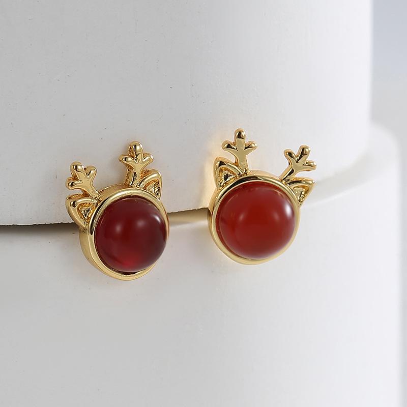 Red Agate Reindeer Stud Earrings - Elegant European & American Christmas Style for Women