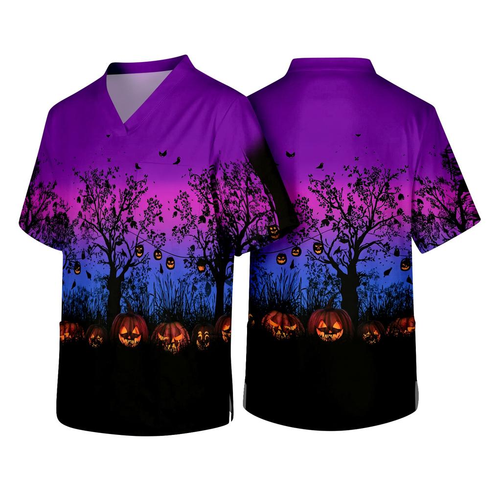 Men's Short Sleeve V-Neck Halloween Print Scrub Top with Chest Pocket