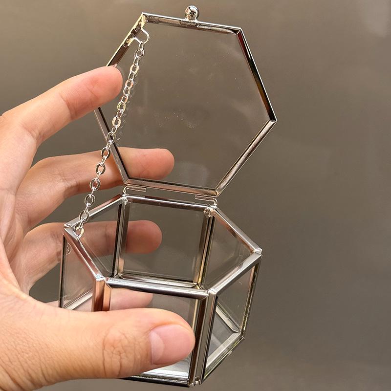 Hexagonal Engagement & Wedding Ring Box - Transparent Glass Jewelry Storage Gift Box