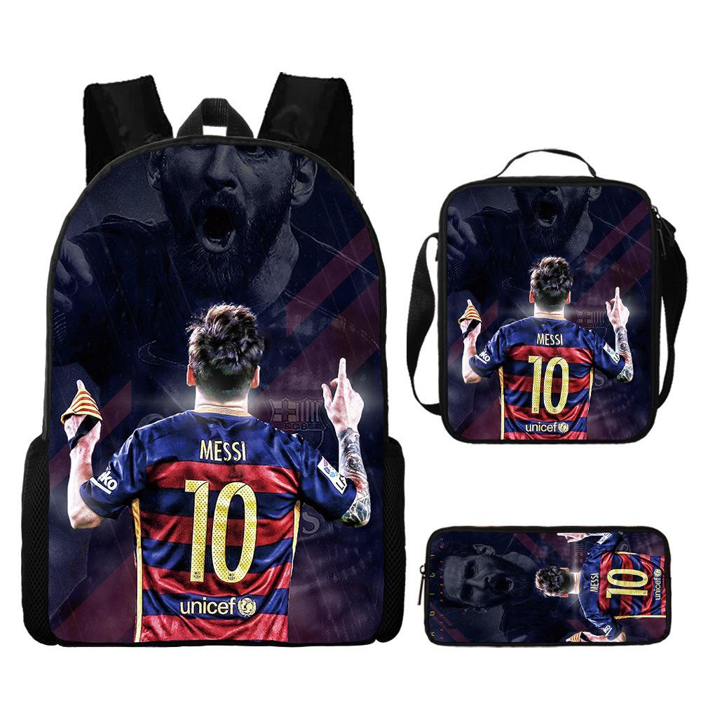 Messi Print Kids Backpack Set 3-Piece Cartoon Schoolbag Lightweight Water-Resistant for Boys Girls