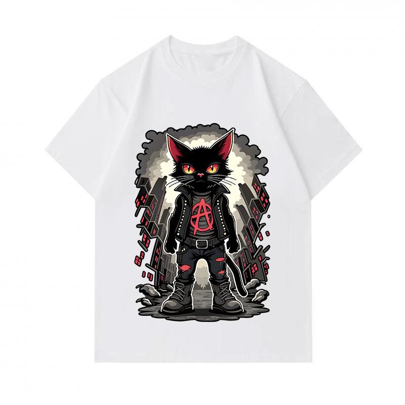 Men's 100% Cotton Crew Neck Short Sleeve T-Shirt, Punk Anarchist Black Cat Printed Casual Urban Streetwear Tee for Daily Wear