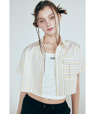 Kinetikeullo Striped Crop Short Sleeve Shirt (Pink)