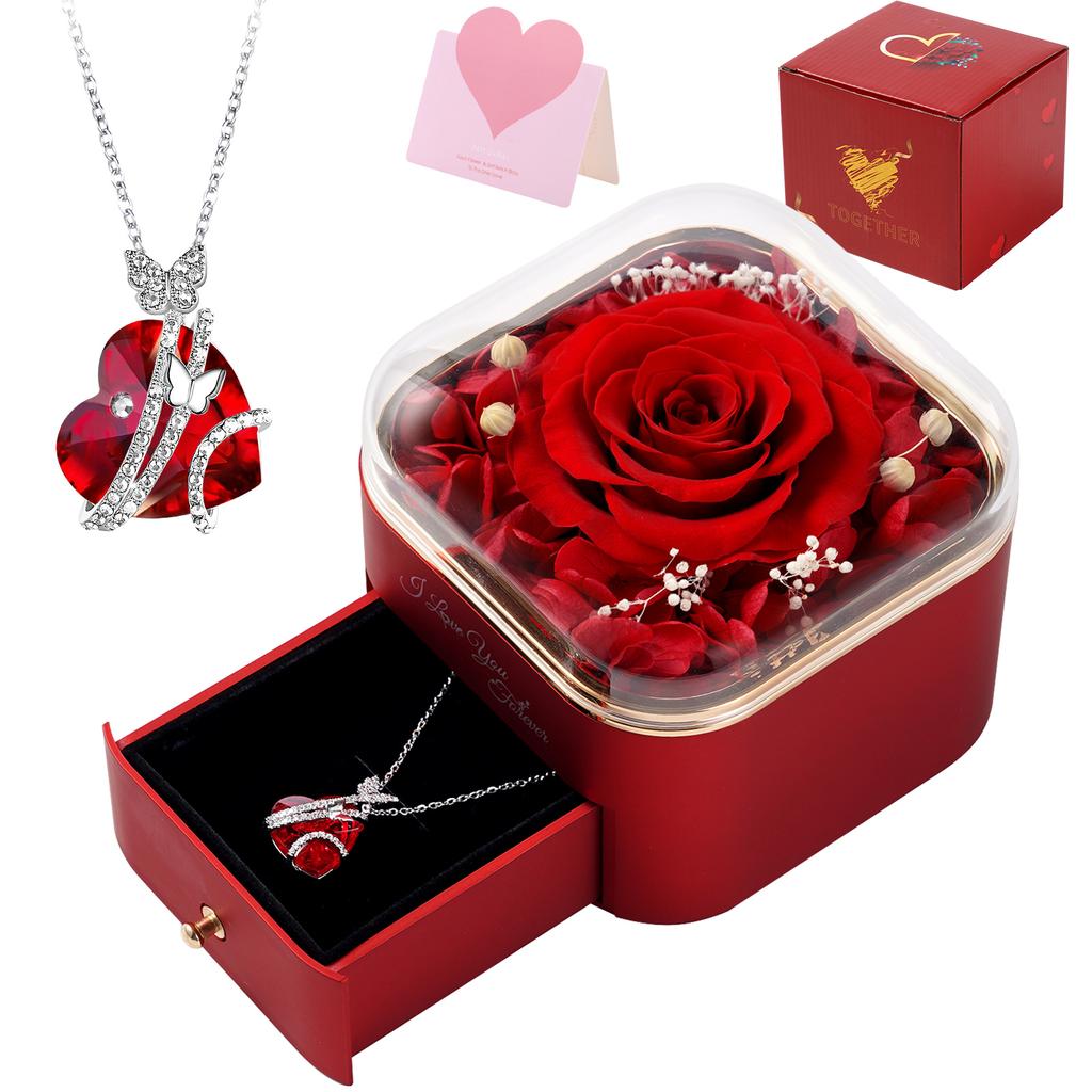 Ewige Blume Rose Schmuck Geschenkbox Mit Herz Halskette Acrylboxen Ringaufbewahrung Displayständer Für Valentinstag Ehe