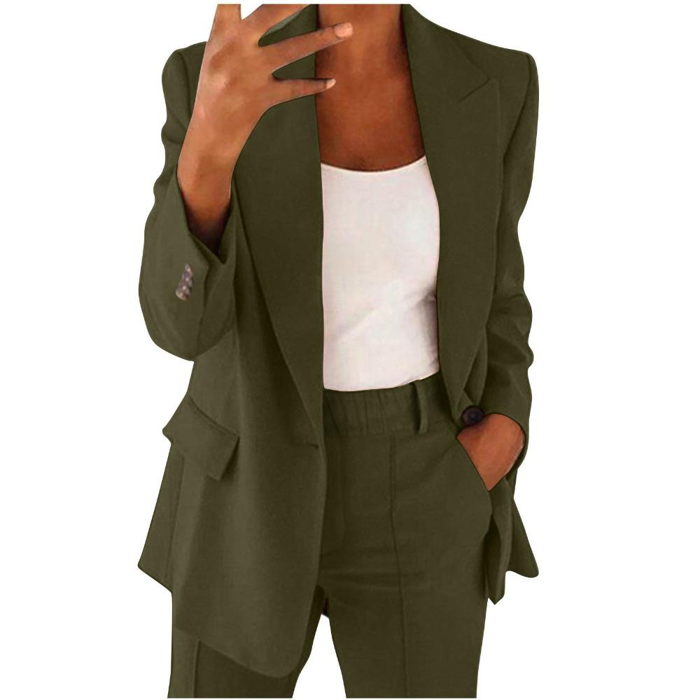 Damen Revers Langarm Blazer Hose 2-teiliges Outfit Elastische Taille Einfarbig Business Casual Anzug Set
