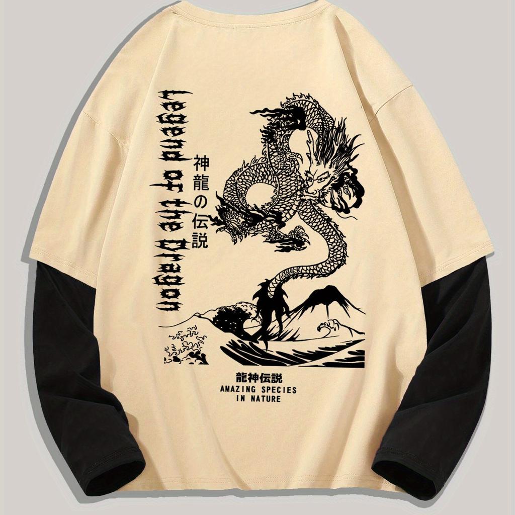 Men's Long Sleeve Crew Neck T-Shirt with Dragon Print, Casual Polyester Knit with Geometric Pattern