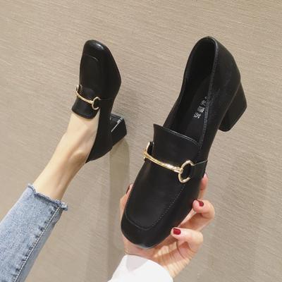 British Style Small Leather Shoes Women 'S  New Spring All -Match Black High -Heeled Shoes Thick Medium -Heeled Peas Shoes