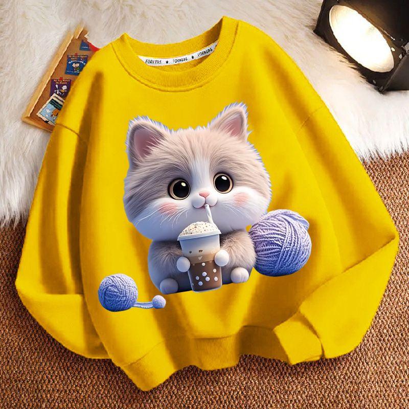 Cute Milk Tea Cat Round-neck Sweatshirt for Children, Fashionable Long-sleeved Casual Sweatshirt for Boys and Girls in Spring and Autumn