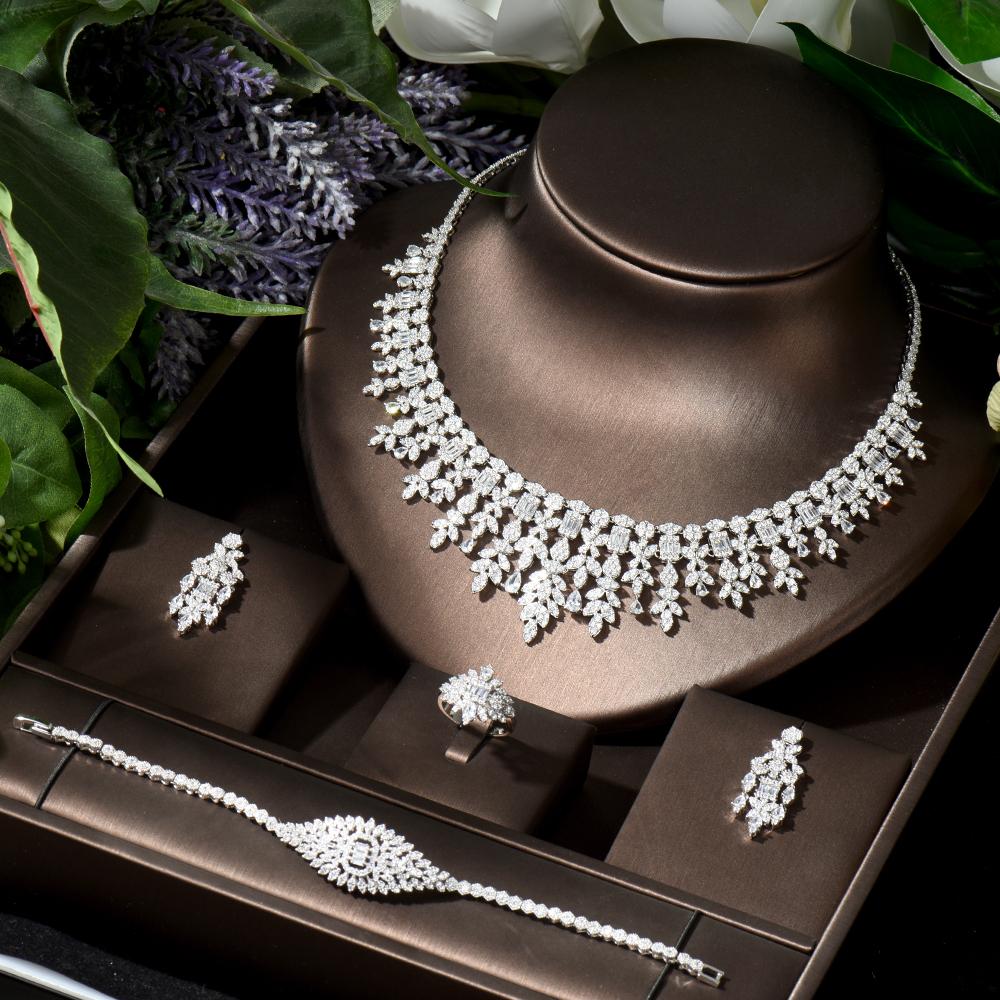 

Модные элегантные серьги, ожерелье, комплект из 4 предметов, дизайн листьев, женские свадебные украшения с цирконом
