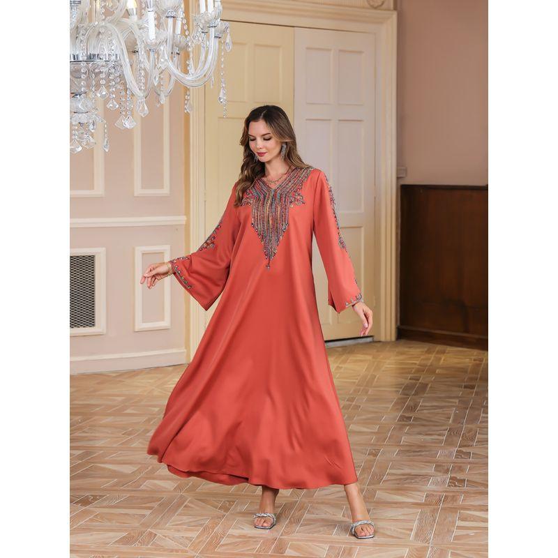 Middle East Indonesia Arab Turkish Women's 2024 Summer Rope Embroidered Robe Long Dress Dubai Saudi Dresses