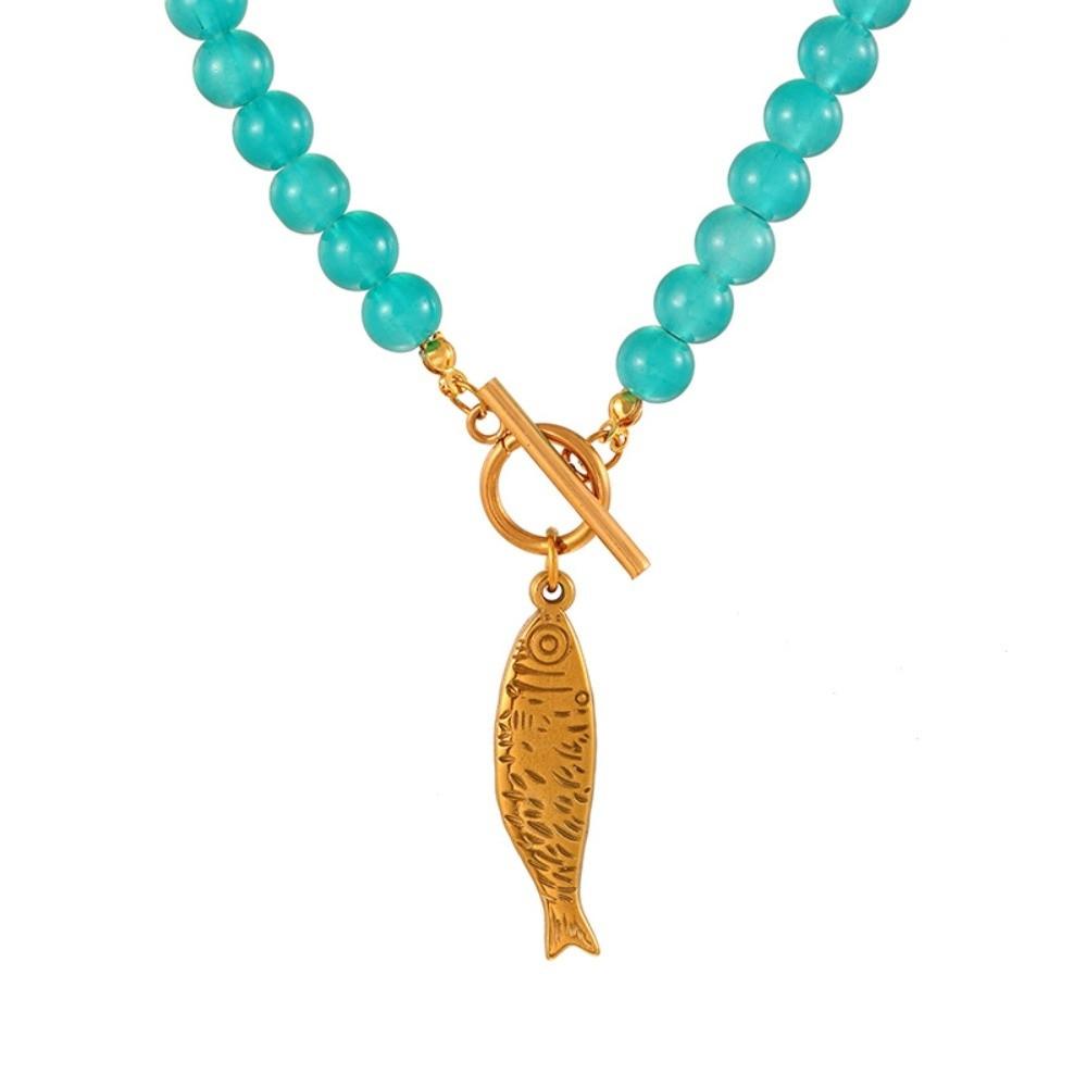 

Elegant Titanium Steel Necklace OT Buckle Glass Bead Necklace Fashion Fish Necklace Vacation синій