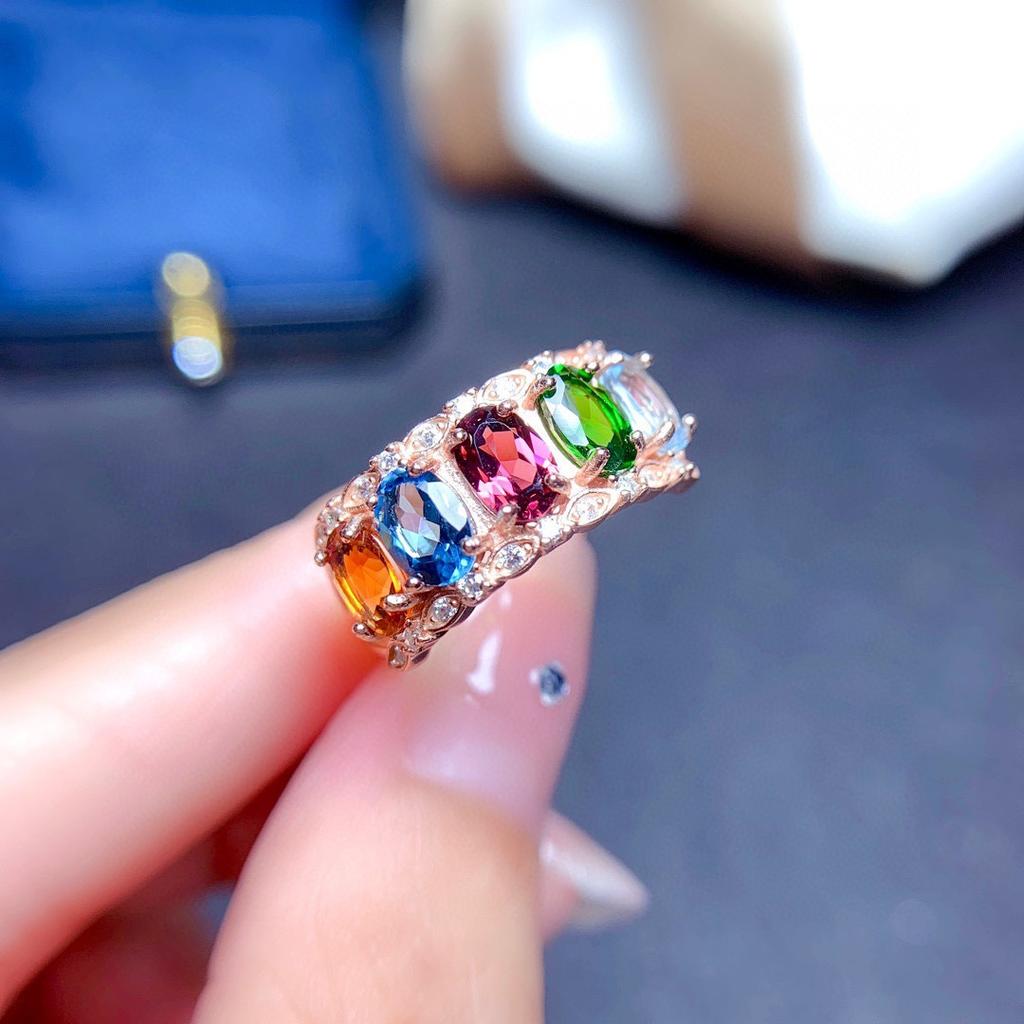 Drainage Welfare Model, Imitation Natural Multi-Treasure Crystal Ring, Women'S Volleyball Ring, Various Colored Treasures, Open Ring, Live Model.