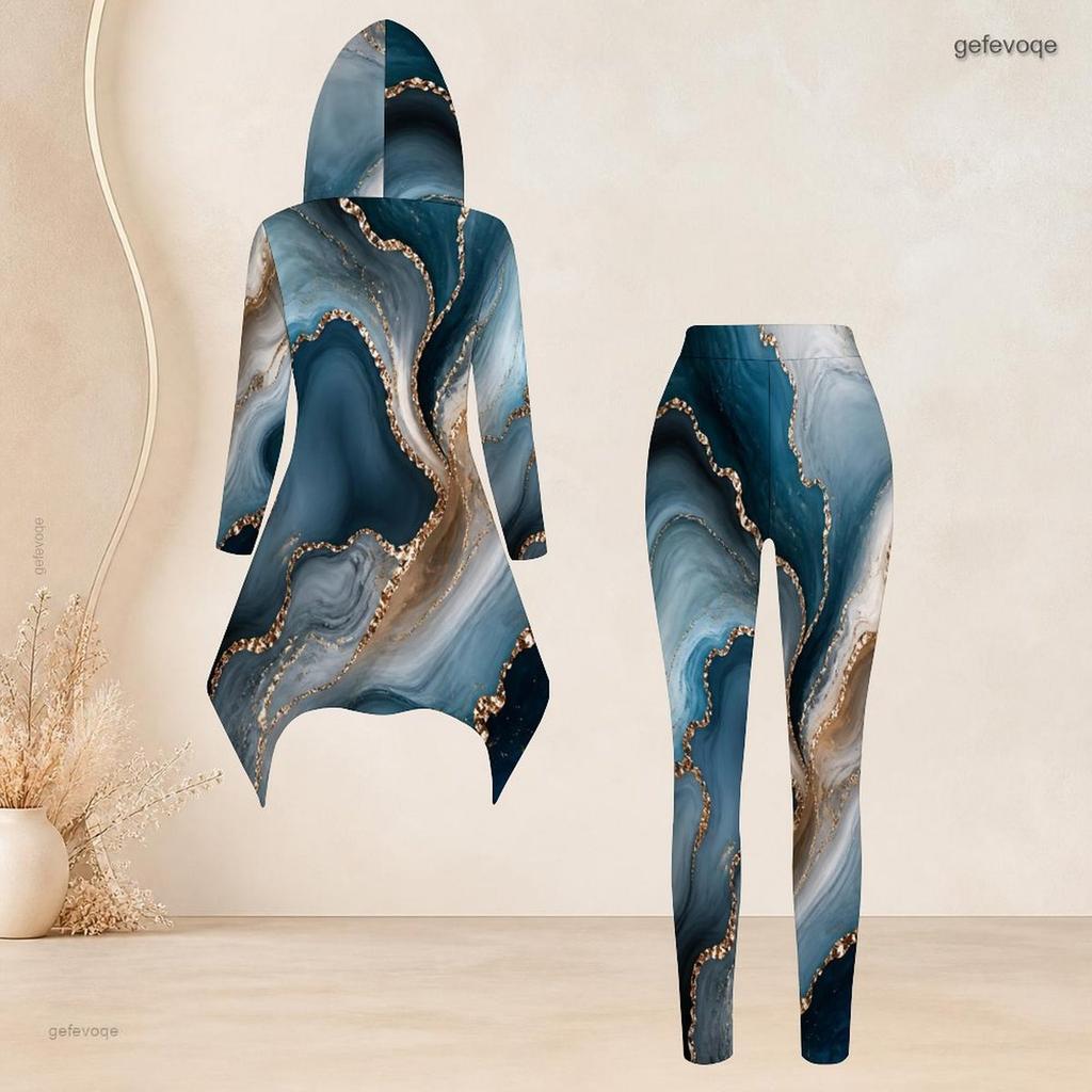Women Plus Size Hooded Long Sleeve High Low Printed Top Fitted Pants Two Piece Set