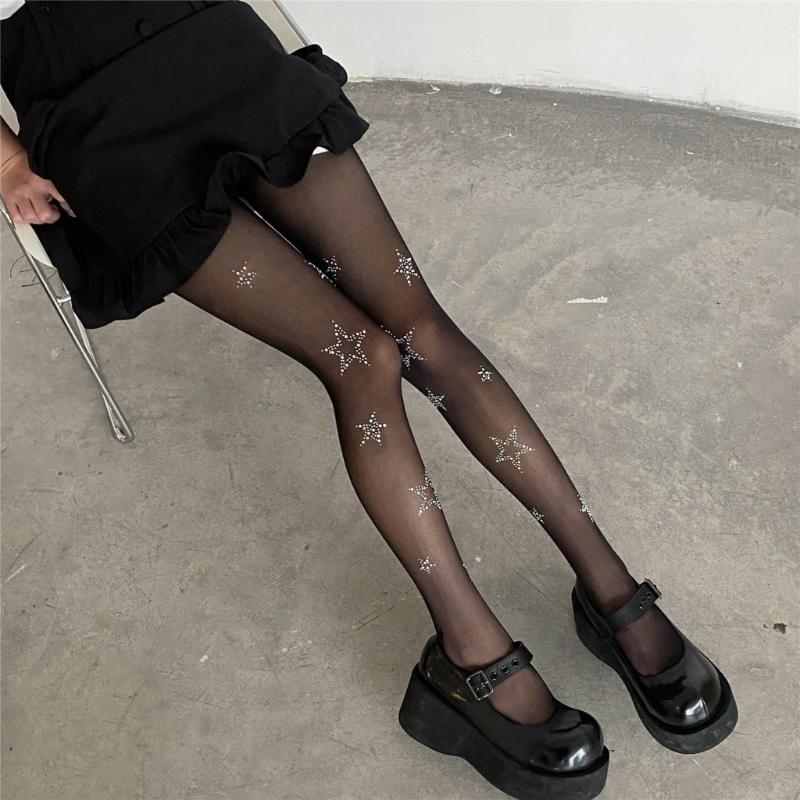 Women Sheer Stockings Sparkling Rhinestones Star Pattern Tights High Elastic Silky Pantyhose Thin See Through Leggings