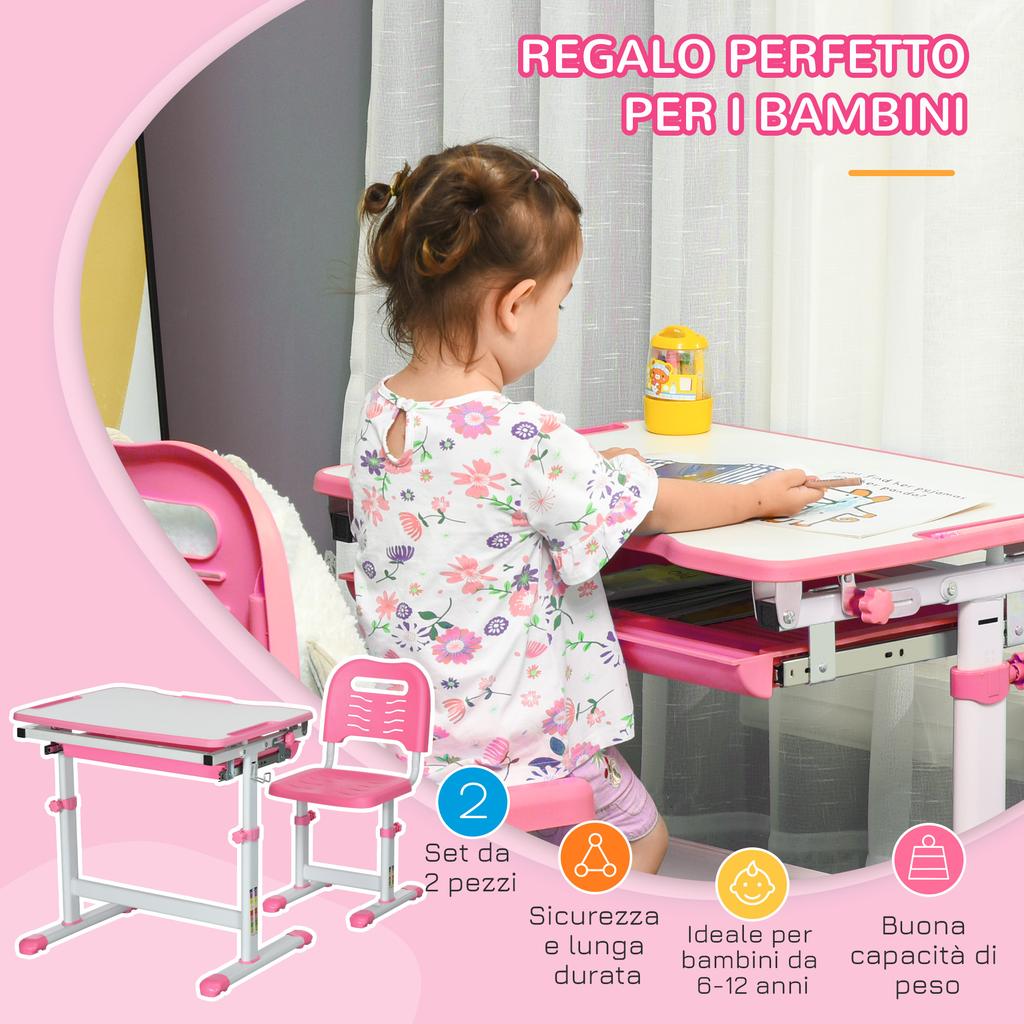 Kids Desk and Chair Set, Student Adjustable Writing Desk, with Drawer, Pen Slot, Hook - Pink