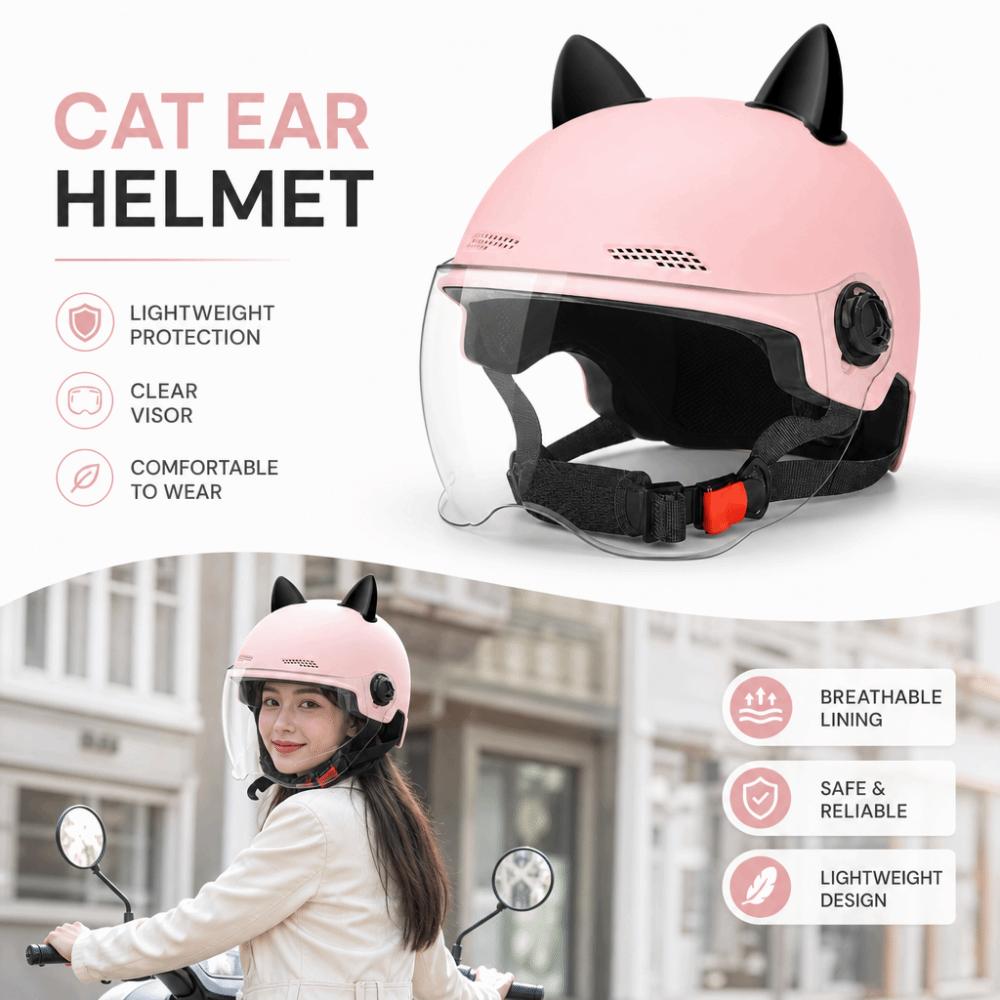 Adjustable Motorcycle Helmet Cat Ear Decoration Riding Helmet Safety Electric Car Helmet Women