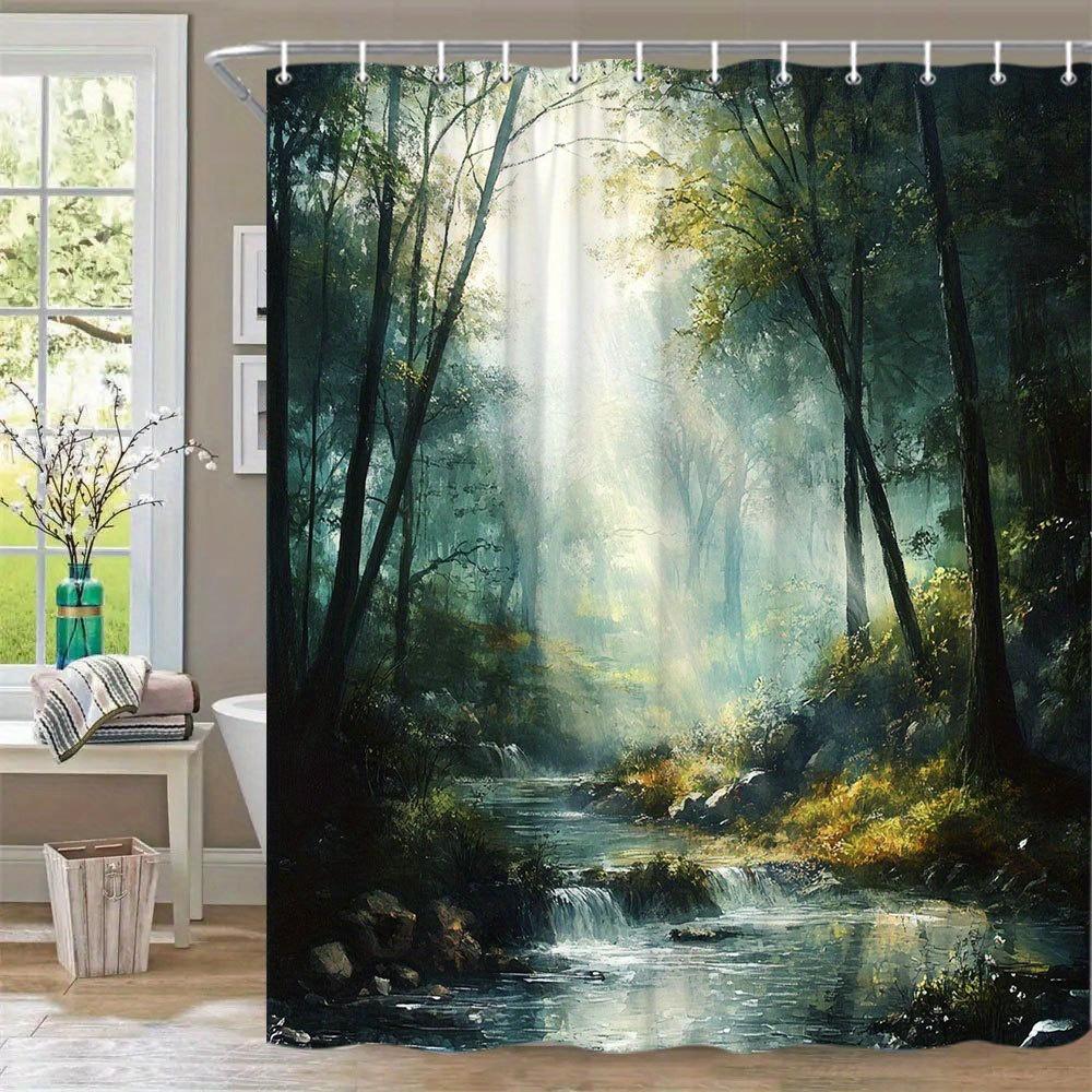 1Pc Enchanted Forest Bath Curtain - Sunlit Stream & Golden Waterfall With Mossy Rocks, 70.86X70.86 Inches, 12 Hooks Included,