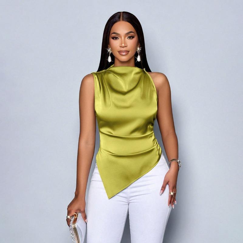Women European Style Asymmetrical Solid Satin Sleeveless Casual Blouse S жёлтый