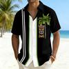 Men's color-blocked striped short-sleeved shirt, Hawaiian-style totem coconut tree print casual vacation top, Hawaiian shirt