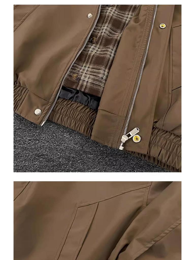 Men's Retro Plaid Patchwork Flight Jacket - Brown Casual Baseball Style