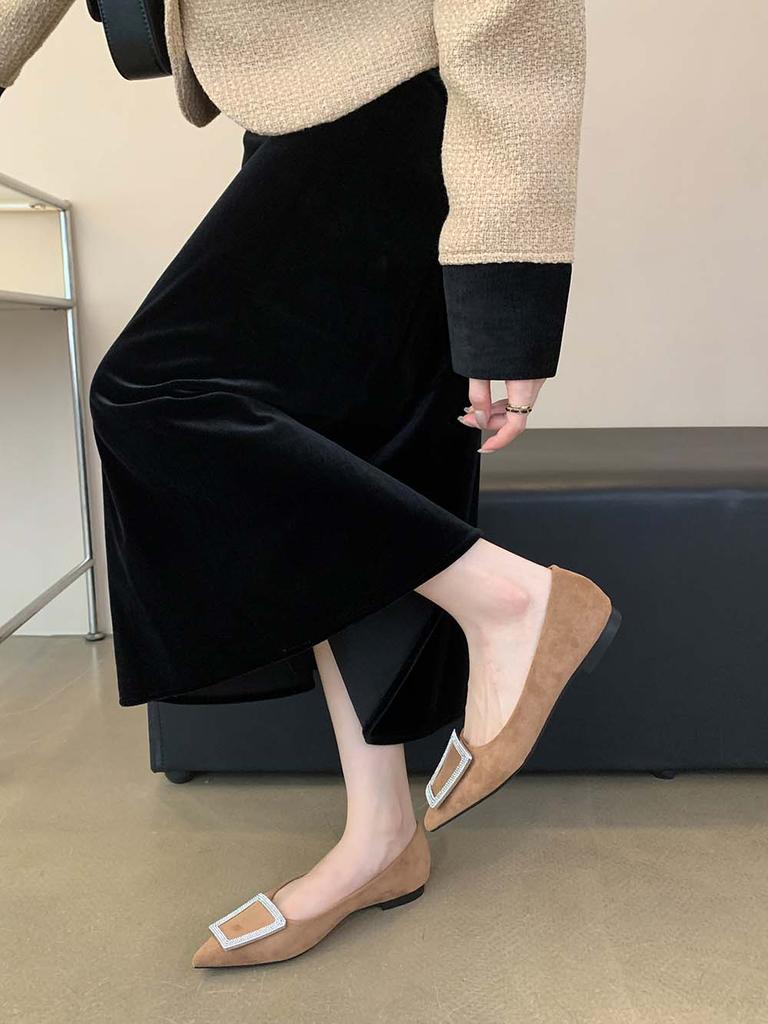 Fashion Khaki/Black Women Flats Loafers Pointed Toe Shallow Slip On Ladies Dress Shoes Rhinestone Buckle Flat Low Heeled Fashion Daily