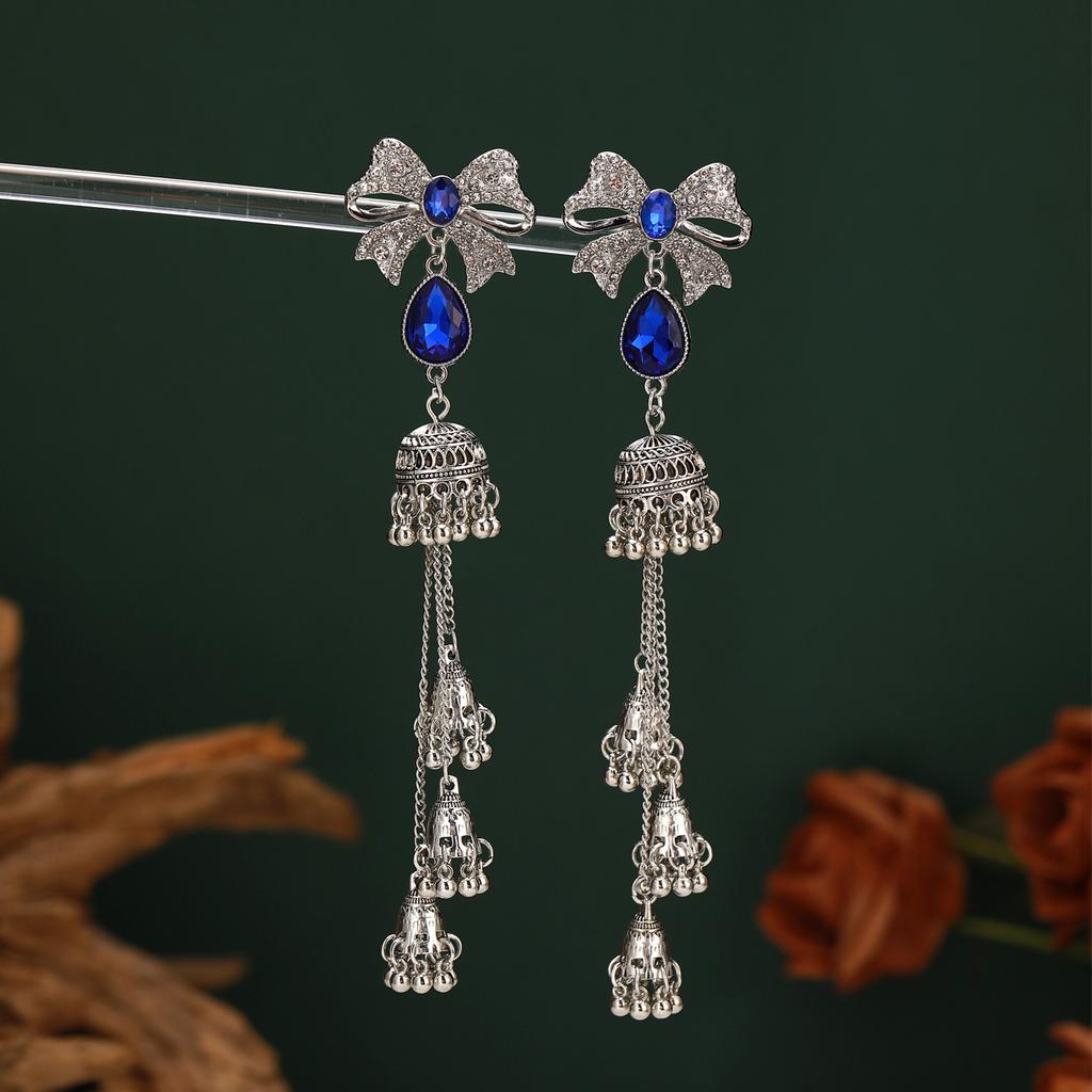 Bow-Set Diamond-Fringed Wind Chime Earrings For Women, Retro Ethnic Feng Shui Drop Elegant Temperament Earrings