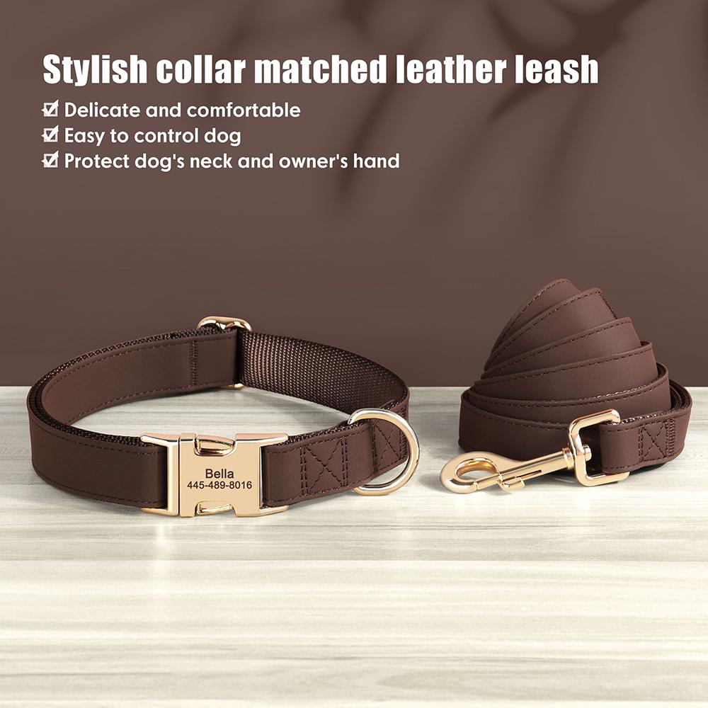 Custom Dog Collar Leash Set PU Leather Dog Collars Engraved Pet ID Necklace With Lead Rope Durable for Small Medium Large Dogs