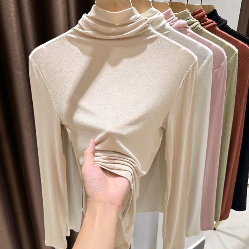 Women's Modal Apricot Slim Fit High Neck Base Layer Shirt for Spring/Autumn