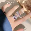 Heavy Industry Flower Sweet Cool Pink Purple Diamond Twin Stone Explosive High Sense Opening Ring Women'S Light Luxury Color Treasure Ring