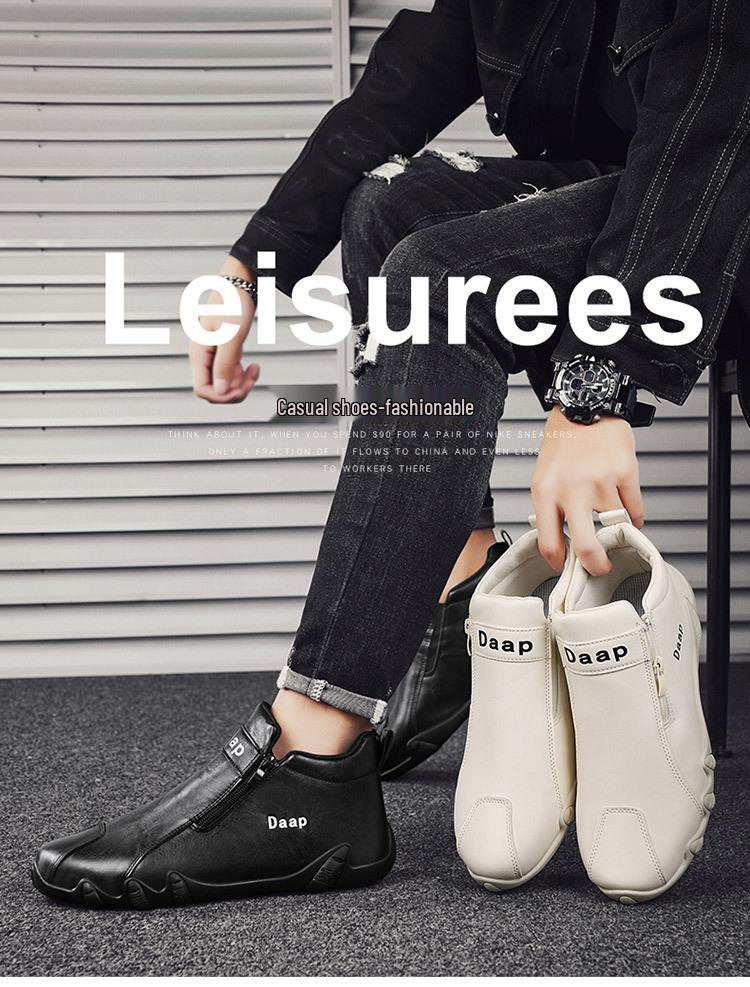 Men's Lightweight Leather Slip-On Sport Shoes, Spring/Autumn, Zipper Design, Fashion Trend