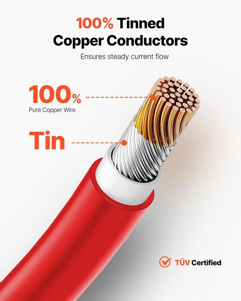 30.48m/100FT Solar Panel Extension Cable 10AWG Waterproof PV 6mm² Cable Red