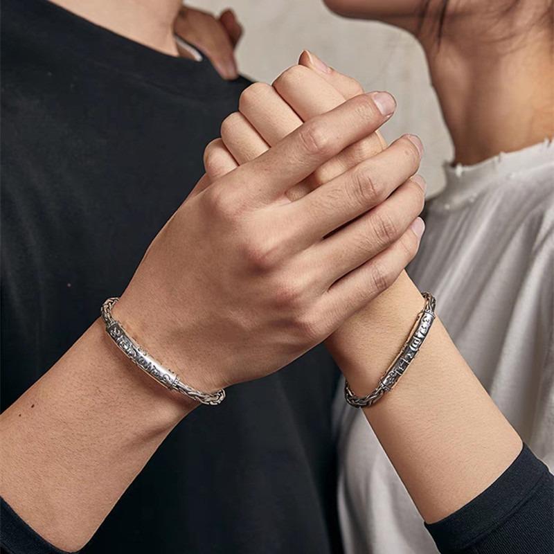 Vintage Six Character Mantra Couple Bangle Ethnic Style Twisted Copper Silver Plated Mens Bracelet