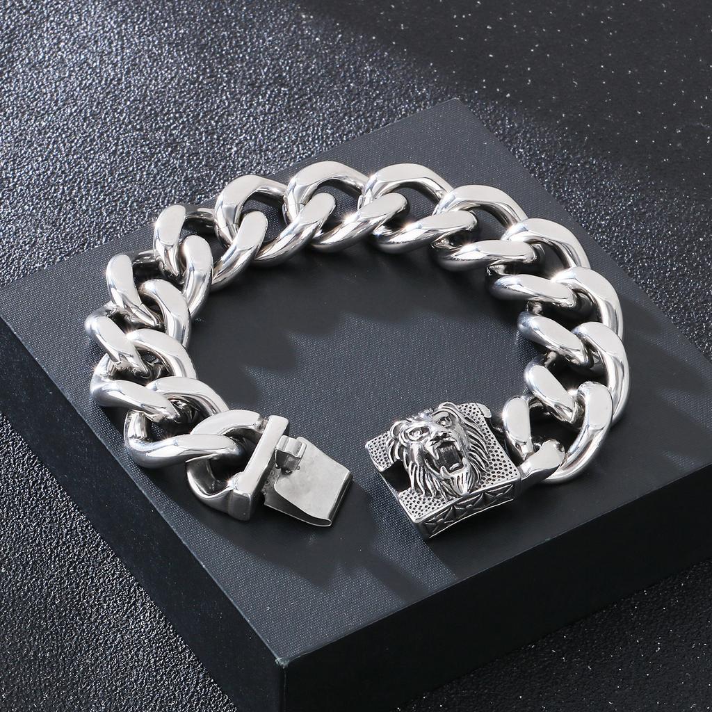 Stainless Steel Lion Charm Bracelet Men With Shiny Curb Chain Jewelry for Male Street Rock Jewelry