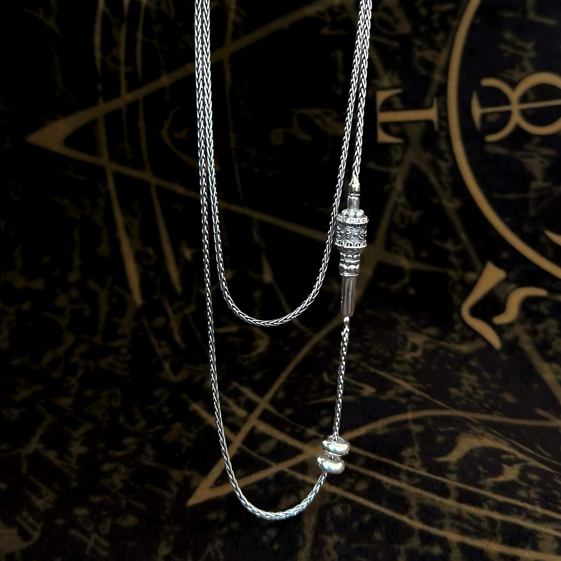 

S925 Sterling Silver Six-Character Mantra Pendant Necklace: Retro Versatile Screw-Open Dzi Bead Chain. 45 cm