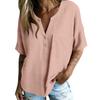 Women Casual V Neck Blouse Short Sleeve Bohemian Style Shirt Loose Fit Lightweight Summer Top with Button Detail and Pocket