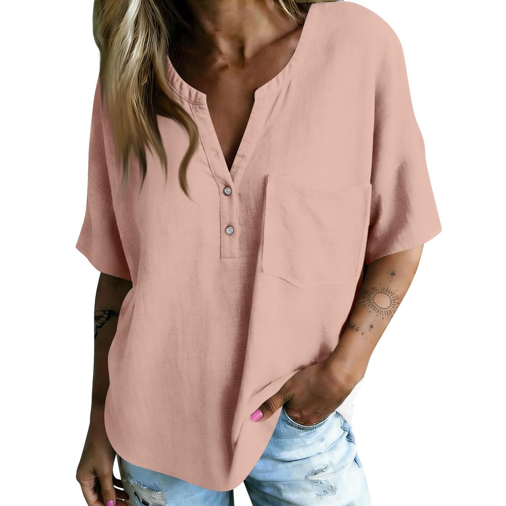 Women Casual V Neck Blouse Short Sleeve Bohemian Style Shirt Loose Fit Lightweight Summer Top with Button Detail and Pocket