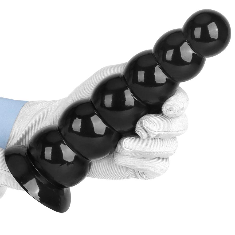 Six Beads Black Tower Suction Cup Anal Plug - Large Soft Pull Bead Dilator for Men and Women