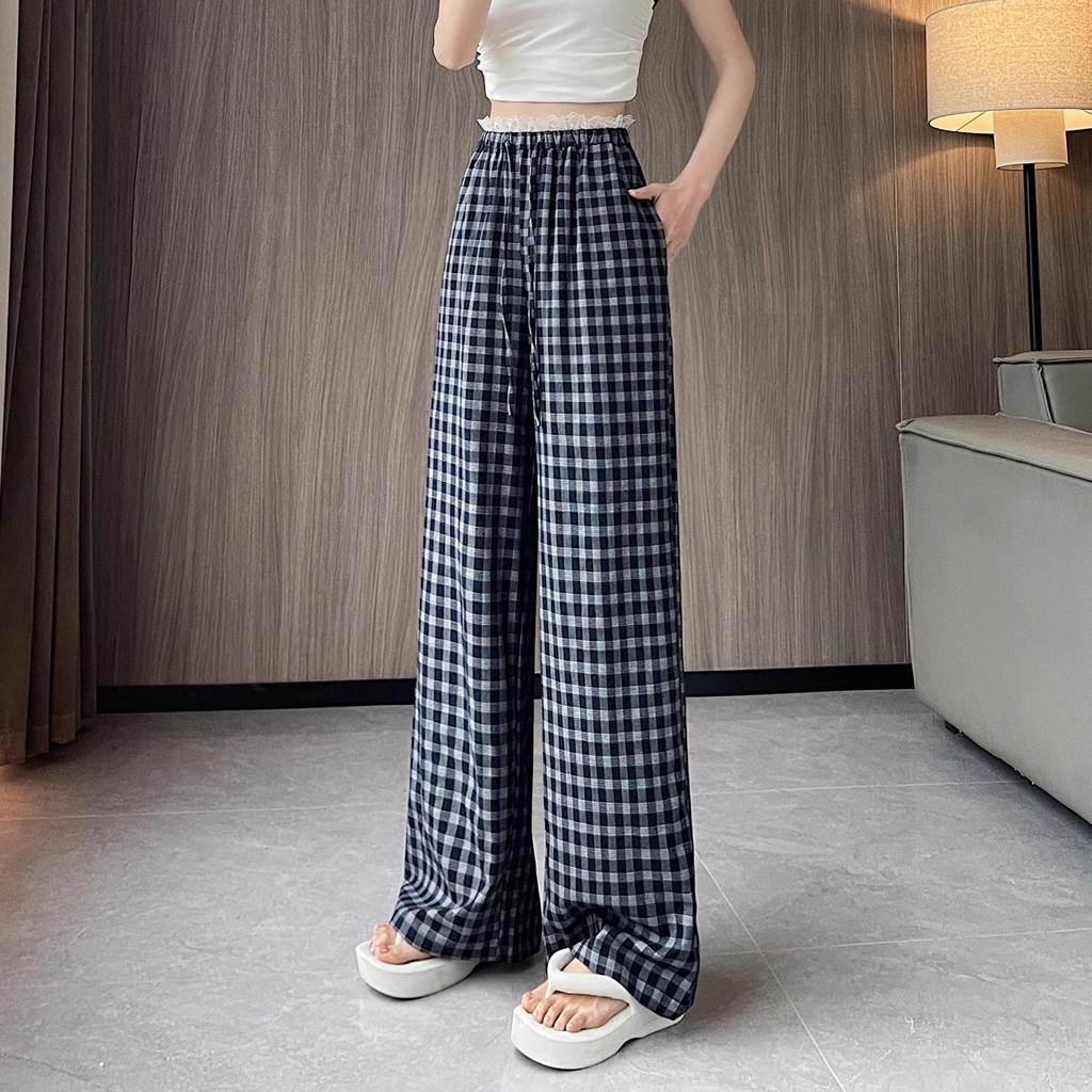 Korean Lace Plaid Casual Pants for Women In Summer Loose Wide-leg Pants for Slim High Waist Straight Floor Trousers