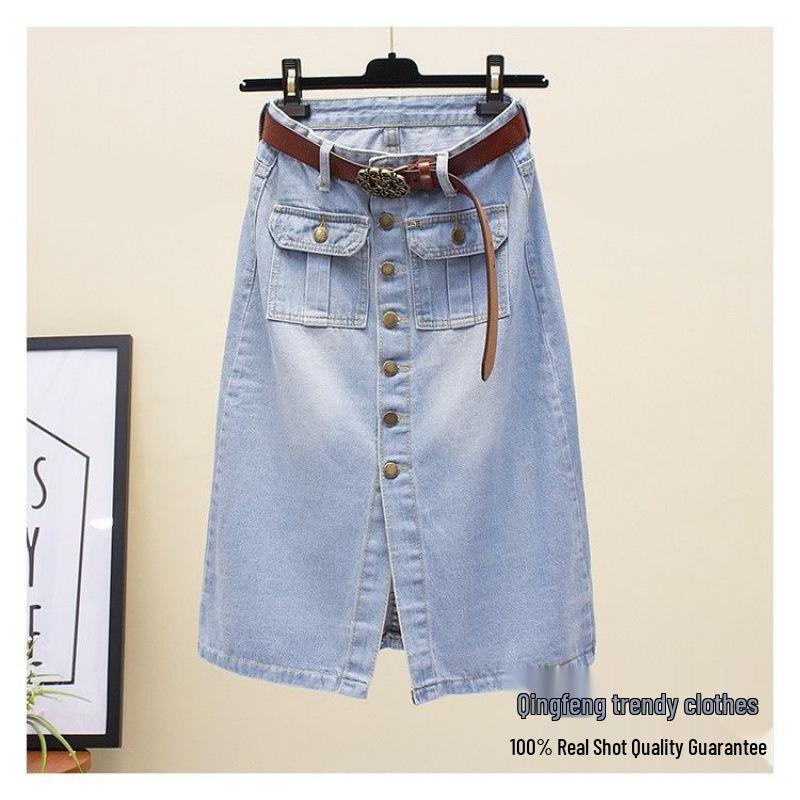 Hög midja Smal passform Retro Midi Denimkjol med Enkelknäppt Sprund
