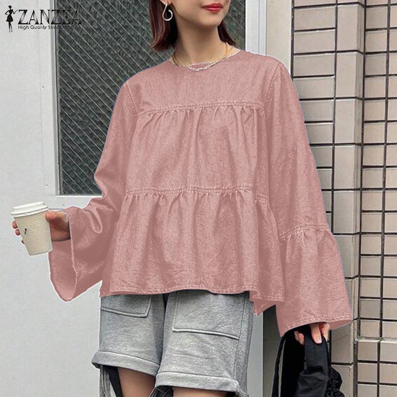 ZANZEA Women Casual Solid Color Round Neck Long Sleeve Blouses