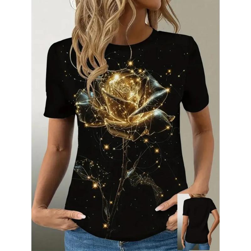 Fashion Women's Crew Neck T-Shirt Crew Neck Short Sleeve 3D Color Printing
