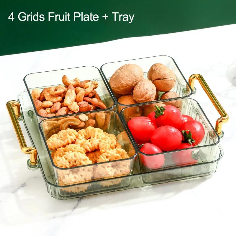 Dried Fruit Plate 2/4/6 Grids Light Luxury Divided Fruit Plate Snack Dish Candy Nuts Household Plastic Tray Snack Dessert Tray