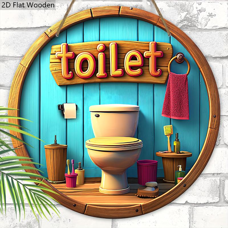 Toilet Wooden Sign with Closestool Pattern - Round Sign for Toilet Door Hanging Decor - Ideal Bathroom Hanging Ornament