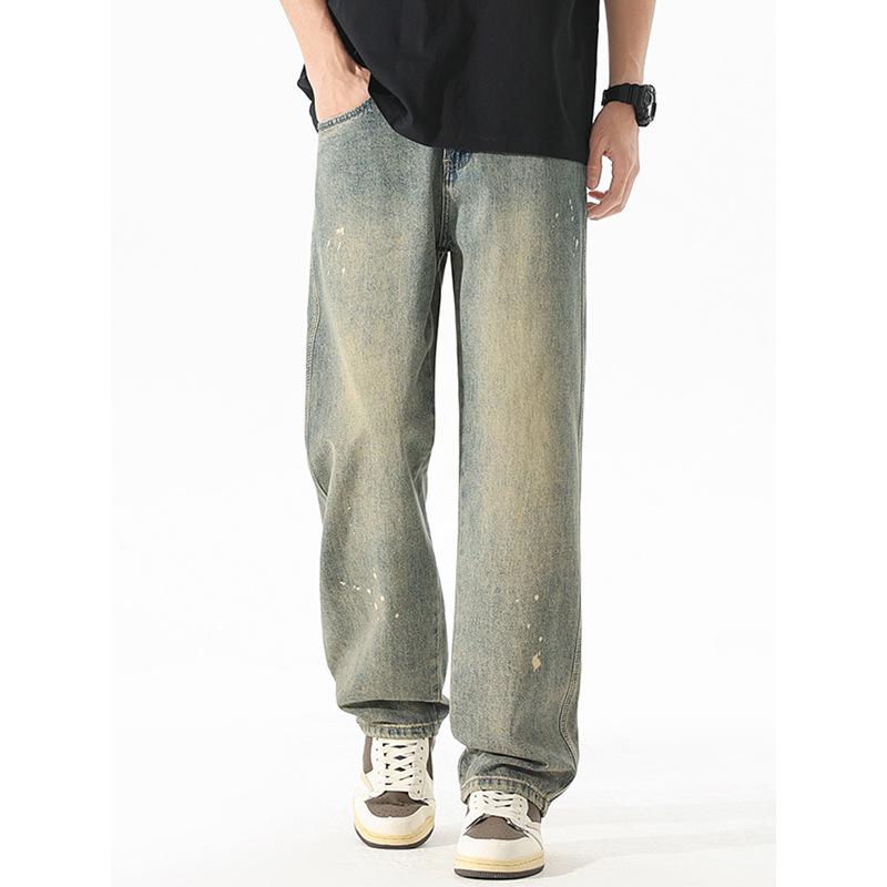 Mingge | American retro trendy brand ink splashing design jeans men's fashion loose casual wide-leg straight pants