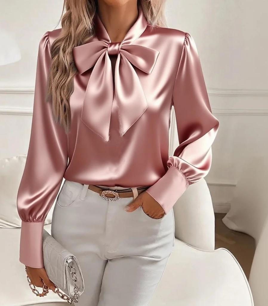 Women's Satin Bow Tie Blouse, Lapel Collar Long Sleeve Shirt, Multiple Color Options