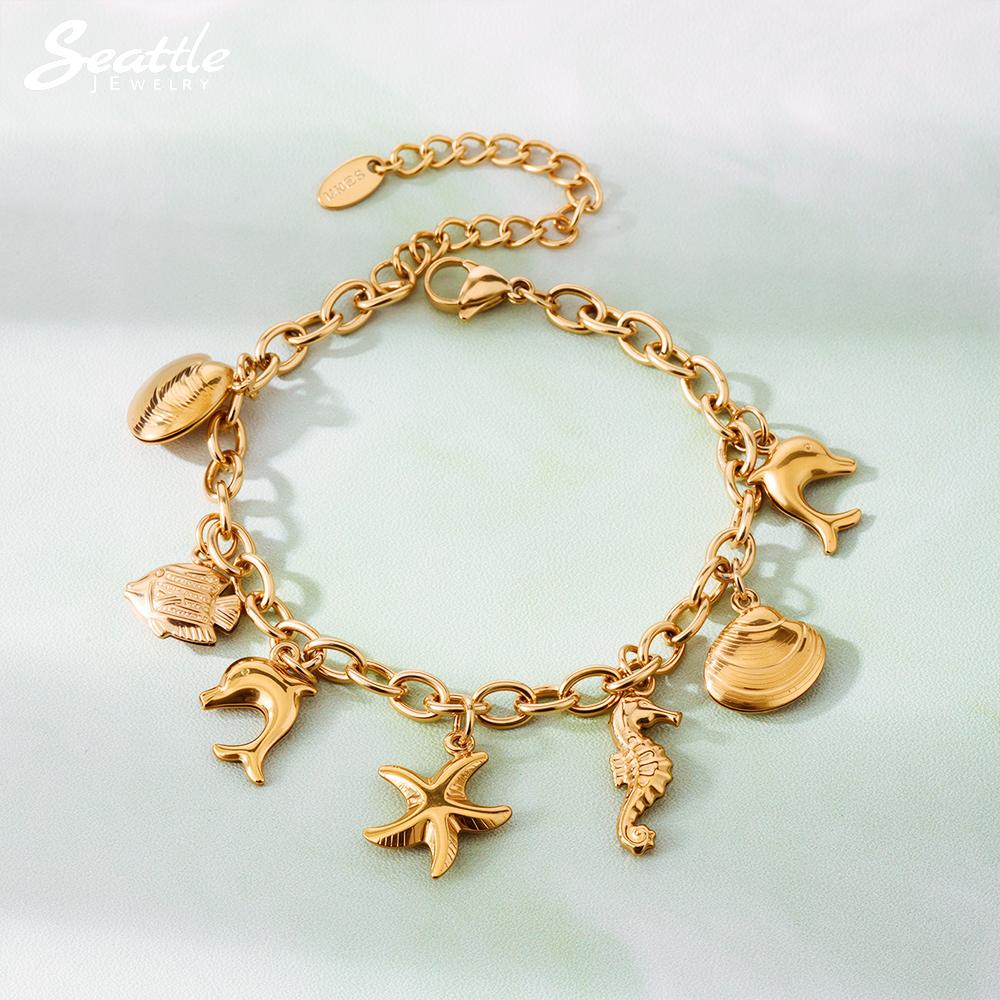 316 Stainless Steel Gold-plated 18K Femme Bracelet Women Fashion Starfish Dolphin Shell Pendant Hand Bracelet 2025 Trend Zircon