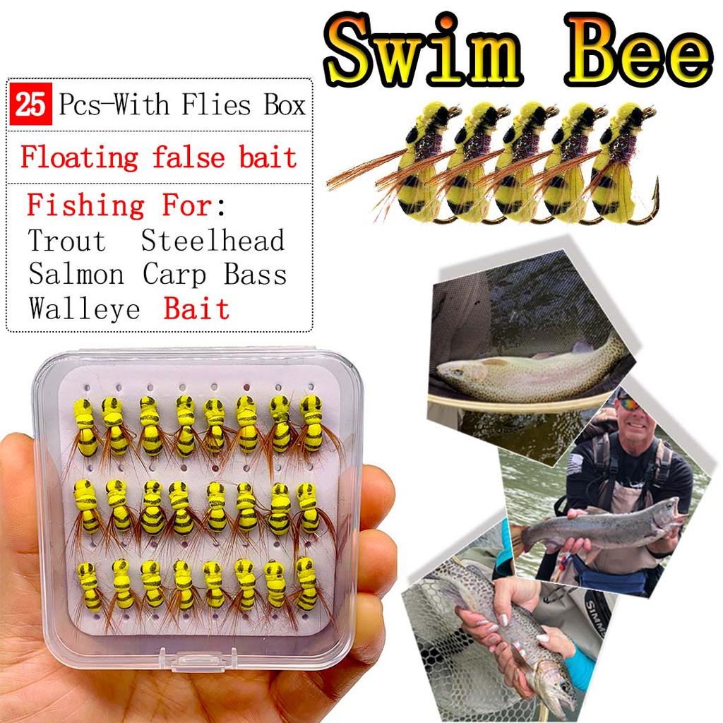 25Pcs/Box Yellow Simulation Bee Dry Fly Floating Foam Flies Trout Bass Perch Fly Fishing Flies Lure Size #10
